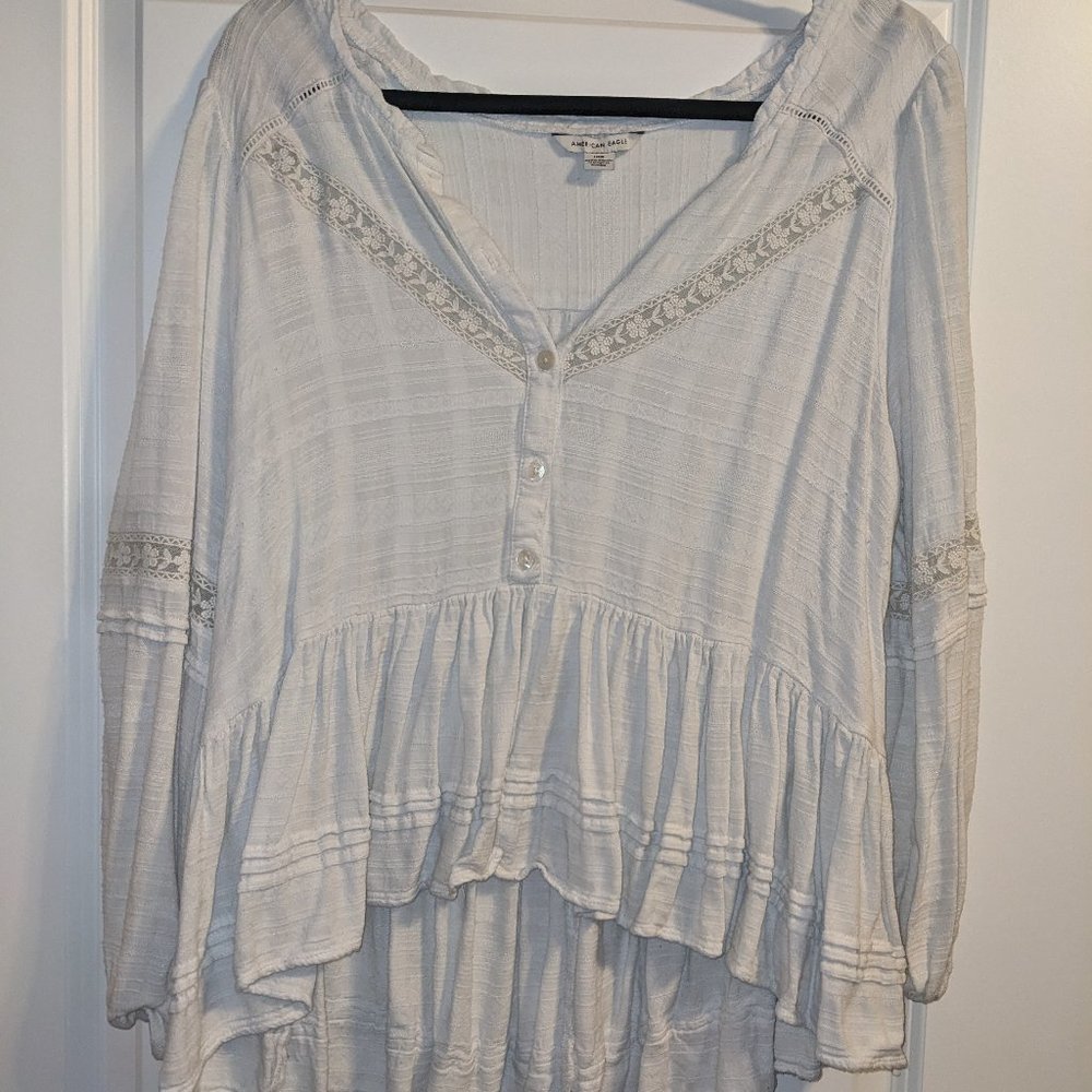 American Eagle Long-Sleeve Peplum Blouse with Lace Accent and Buttons, Size L